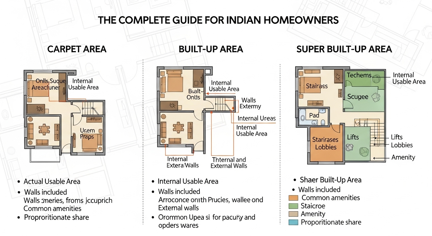 Carpet Area, Built-Up Area, and Super Built-Up Area: The Complete Guide for Indian Homeowners